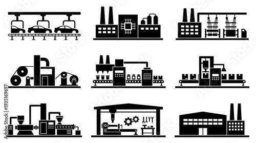 Set of black and white industrial factory icons, depicting manufacturing processes and industrial buildings for diverse industries and production lines
