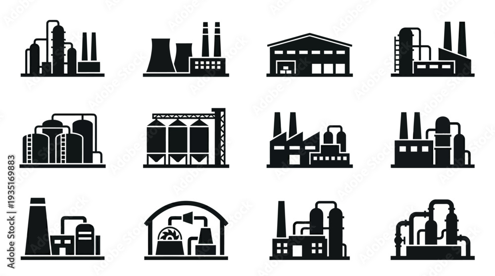 Fototapeta premium Set of various industrial factory building icons representing manufacturing and production facilities