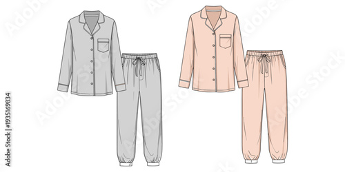 Comfortable pajama set, gray and peach sleepwear, button-up shirt with collar, drawstring pants, cozy nightwear fashion, flat vector illustration