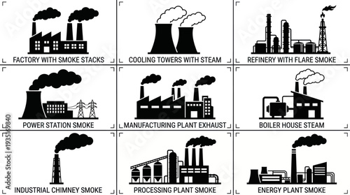 Collection of Industrial Factory Icons Showing Various Manufacturing and Energy Production Plants with Emissions