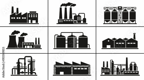 Diverse collection of industrial factory buildings and industrial complexes, representing manufacturing and production facilities