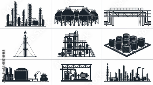 Set of industrial oil and gas processing plant icons in silhouette style for energy sector
