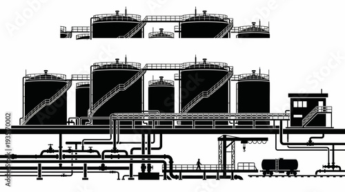 Industrial complex with storage tanks and pipelines, a large-scale infrastructure for processing and transportation of materials