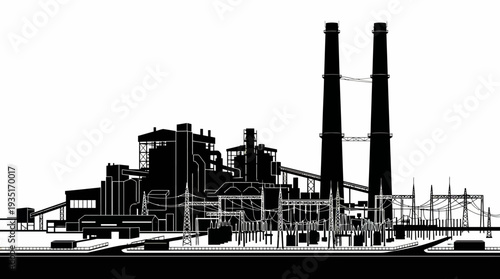 Industrial Power Plant with Tall Chimneys, Generating Electricity for Urban Environments