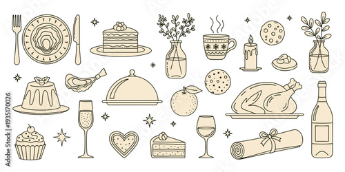 Flat vector illustration of festive holiday meal elements, turkey wine cake desserts drinks candle flowers decorations celebration design artwork