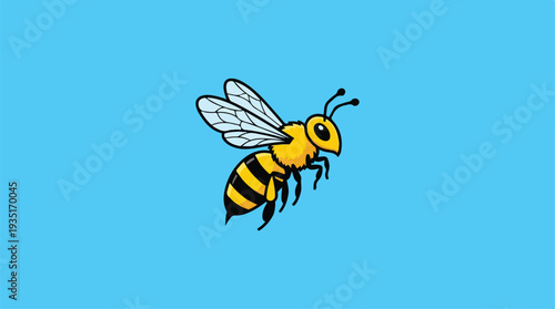 Cartoon Bee Flying on a Blue Background.