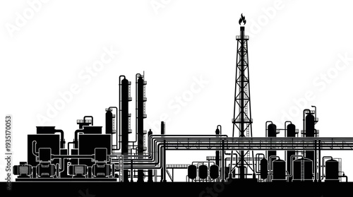 Industrial oil refinery plant with distillation towers and storage tanks, complex chemical processing facility, silhouette illustration