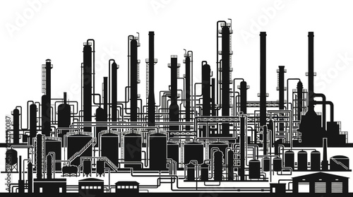 Silhouette of an industrial complex with numerous interconnected pipes, tanks, and towering structures against a plain background