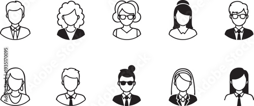 Black and white line of ten people with different hairstyles line black and white faceless