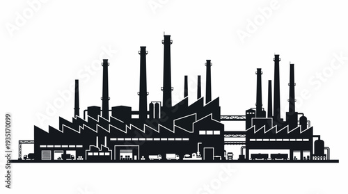 Industrial factory silhouette with multiple chimneys and buildings, representing manufacturing and production