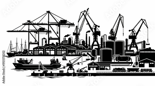 Industrial port with cranes, ships, and factories, a bustling hub of global trade and commerce