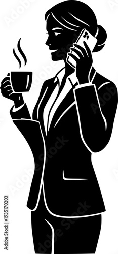professional businesswoman talking on a smartphone while holding a cup of coffee. Elegant vintage graphic style.
