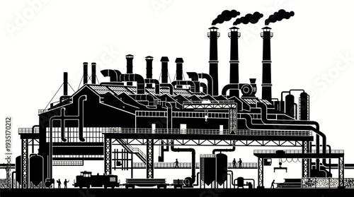 Illustrative blueprint of a sprawling industrial complex with multiple chimneys emitting smoke, depicting manufacturing processes and infrastructure