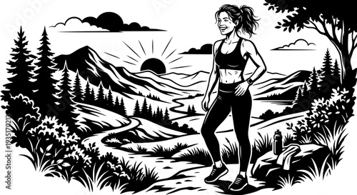 fit woman in sports gear standing on a mountain trail at sunrise. Scenic nature landscape in vintage woodcut art style.