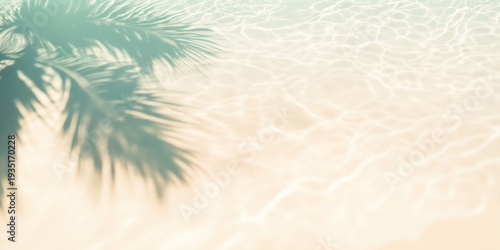 Panoramic background of tropical beach with palm tree shadow reflecting on still water and sand surface. Aerial view natural backdrop.
