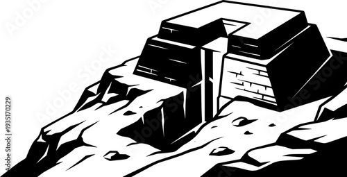 an ancient stepped pyramid on a rocky hill. Minimalist vintage woodcut style representing archaeological heritage.