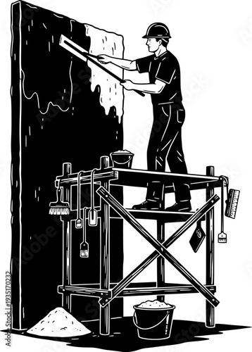 construction worker plastering a wall on a scaffold. Professional builder at work, vintage woodcut art style.