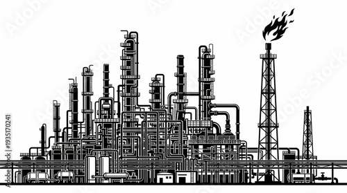 Industrial oil refinery complex with towering structures and a smoking chimney, symbolizing heavy industry and petrochemical production