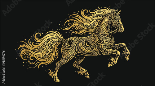 Majestic Golden Horse Illustration with Intricate Ornate Details.