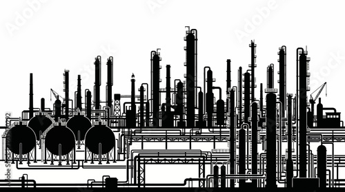Industrial factory complex with intricate pipe systems and storage tanks, symbolizing manufacturing and production processes