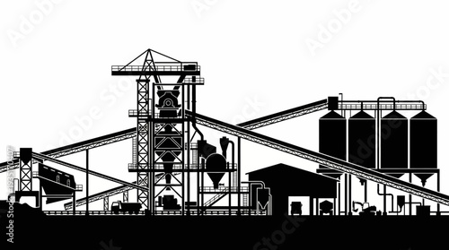 Industrial plant with conveyor belts, silos, and machinery in silhouette