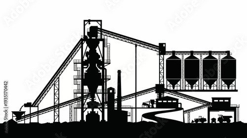 Industrial plant with silos and conveyor belts, illustrating manufacturing and heavy industry processes