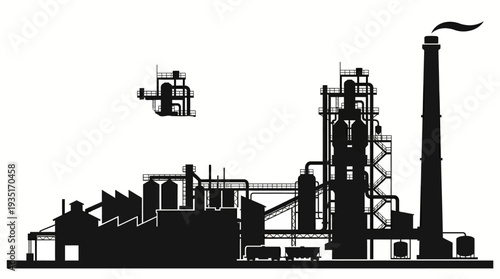 Silhouette of an industrial plant with a tall chimney and various structures, showcasing heavy industry and manufacturing