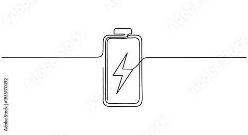 Battery level indicator with lightning bolt, single line art, technology concept