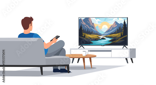 Man Relaxing on Sofa Watching Television.