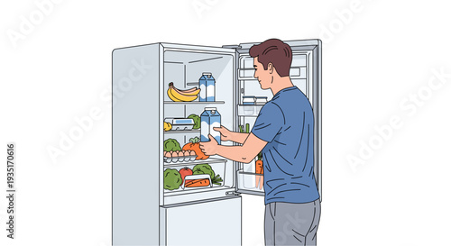 Man Opening Fridge Door and Selecting Food.