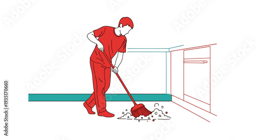 Man Sweeping Floor with Broom and Dust.
