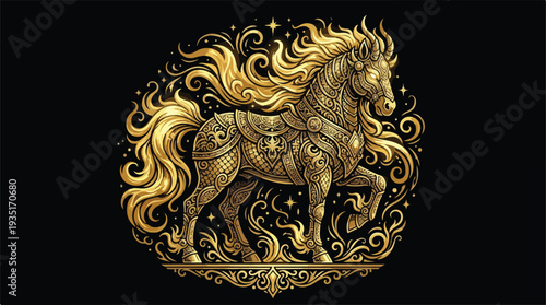 Majestic Golden Horse Illustration with Ornate Details and Swirling Background.