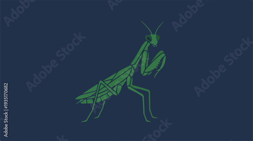 Green Praying Mantis Insect Illustration on Dark Blue Background.