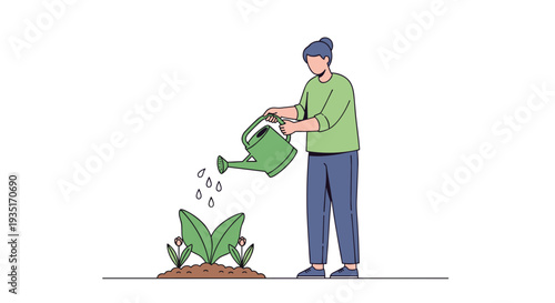 Man Watering Plants with Green Watering Can.