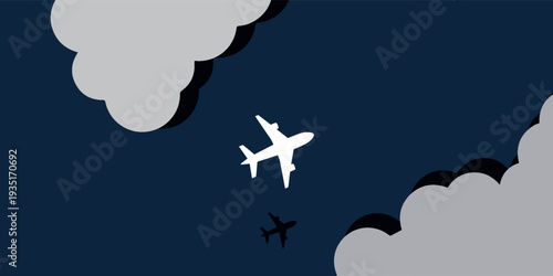 Minimalist illustration of a white airplane flying in a dark blue sky with grey clouds and a shadow.