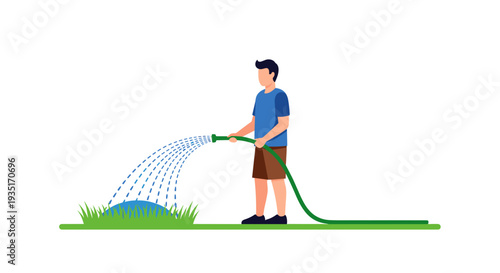Man Watering Lawn with Green Hose.