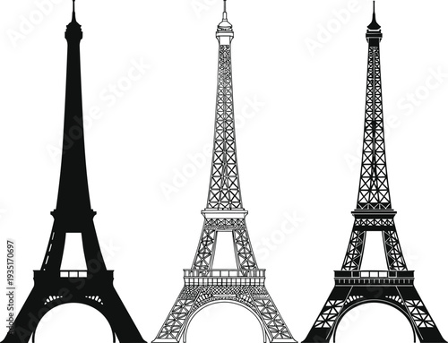 Three Stylized Illustrations of the Eiffel Tower in Paris Keywords: Eiffel Tower, Paris, France, landmark, tower, architecture