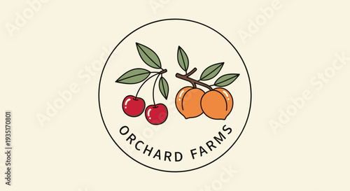 Orchard Farms Logo with Fruits and Leaves.