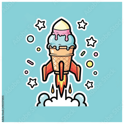 Cartoon Ice Cream Cone Rocket Launching.