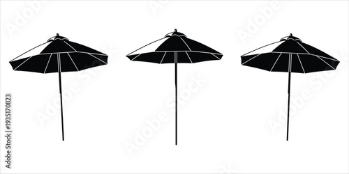 Three Black Outline Illustrations of Beach Umbrellas Standing Upright Keywords: beach umbrella, parasol, sunshade, outdoor