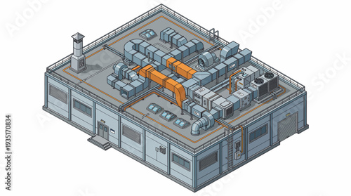 Isometric building with complex industrial ventilation system and HVAC units on the roof