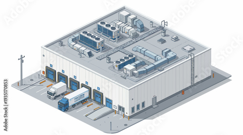 Isometric illustration of a modern distribution center with loading docks and delivery trucks