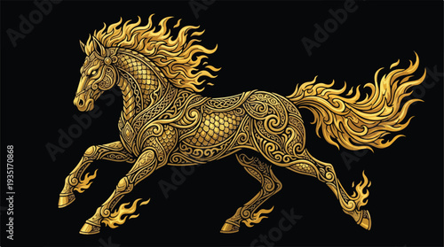 Majestic Golden Horse with Fiery Mane and Tail.