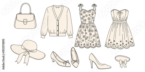 Flat vector illustration of women’s fashion clothing accessories, dresses shoes handbag hat earrings bow cardigan stylish design artwork