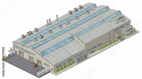 Isometric view of a modern industrial factory building with loading docks and air vents, showcasing manufacturing infrastructure