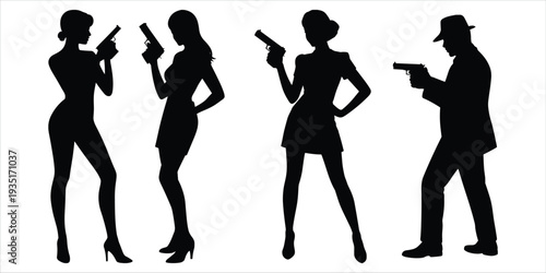 Silhouettes of three women and one man holding guns Keywords: silhouette, people, women, man, guns, weapons, holding, standing