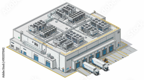 Modern Distribution Center with Loading Docks and Trucks, Industrial Warehouse Logistics