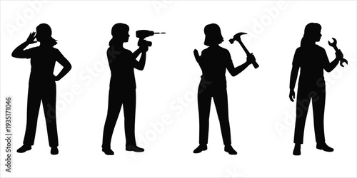 Silhouettes of Women Holding Tools for DIY and Construction on White Background woman female