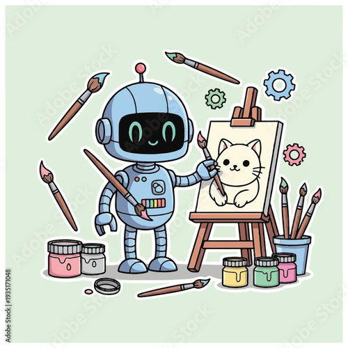 Robot Painting Cat on Easel with Brushes.