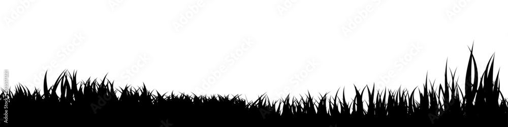 Naklejka premium Meadow silhouette with grass, plants on plain. Panoramic summer lawn landscape with herbs, various weeds. Herbal border, frame element. Black horizontal banners. Vector illustration